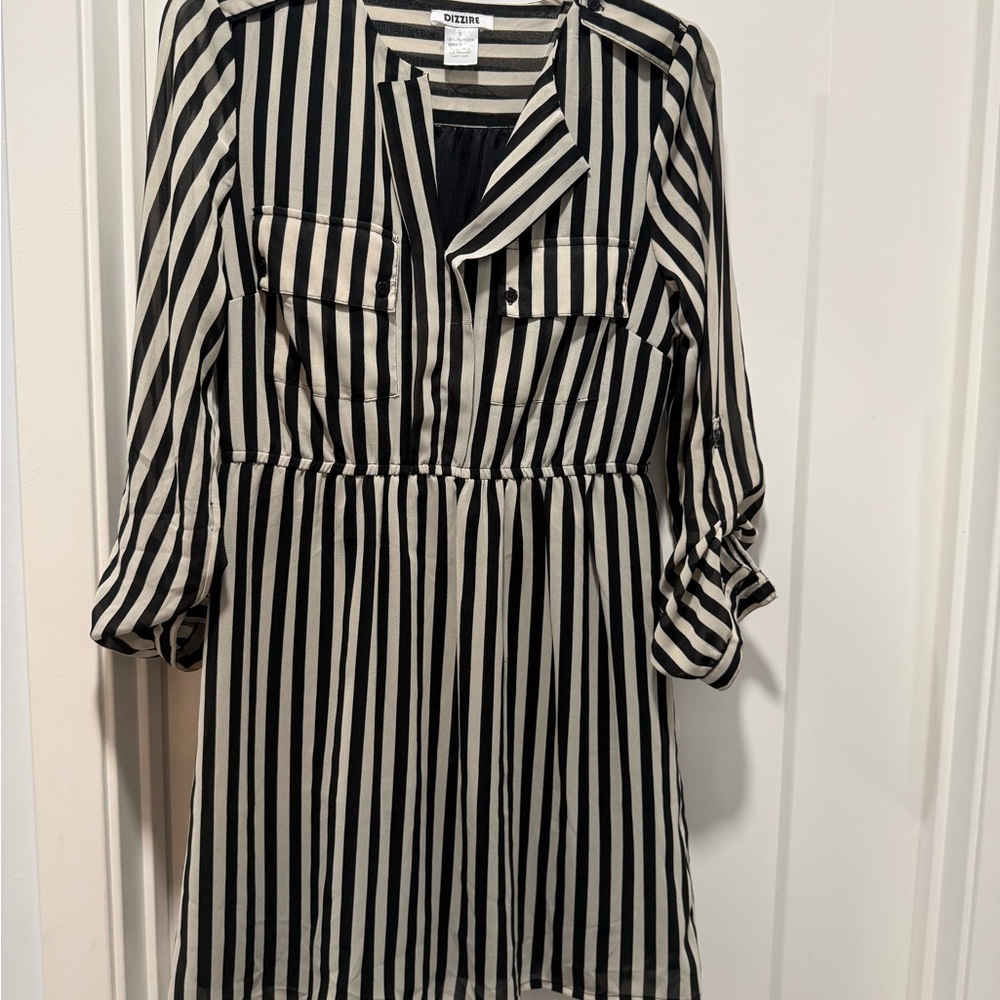 Oberon Black and White Striped Long Sleeve Dress
